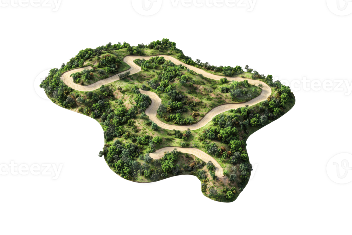 Aerial view of winding road in a lush green forest. Scenic landscape with curves and vegetation. Perfect for travel and nature concepts. png