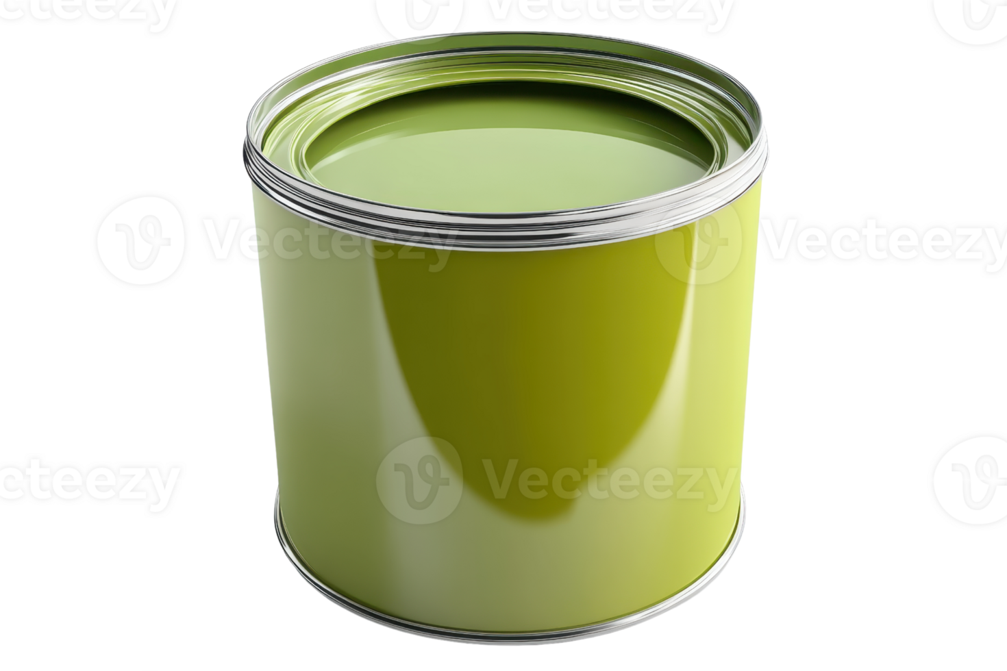 A metallic green paint can with an open lid displaying its vibrant color. Ideal for home improvement and decorative projects. png