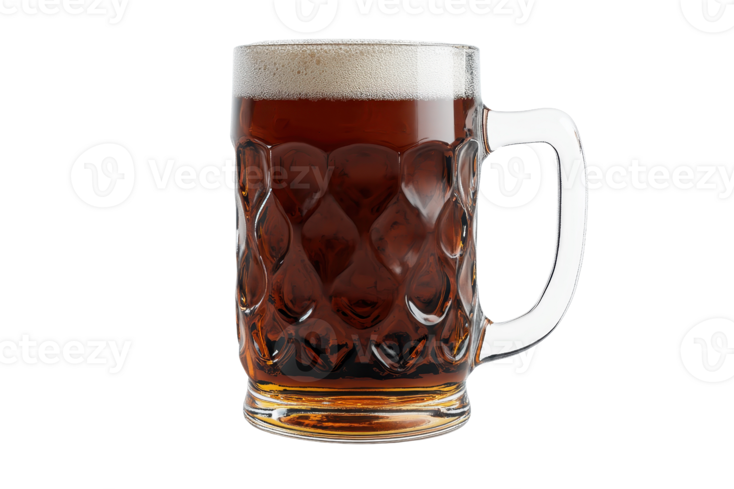 Glass mug filled with dark beer, isolated on transparent background. showcasing rich foam and intricate glass design. png