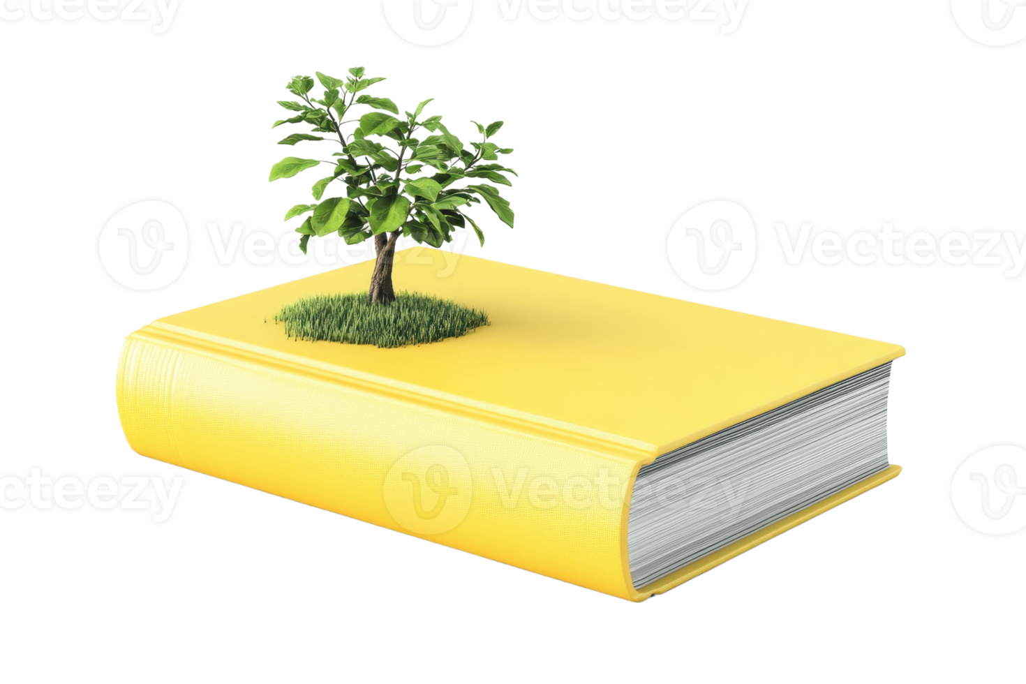 Yellow book with a small tree growing on top, symbolizing knowledge and growth. Conceptual image for education, nature, and sustainability. png