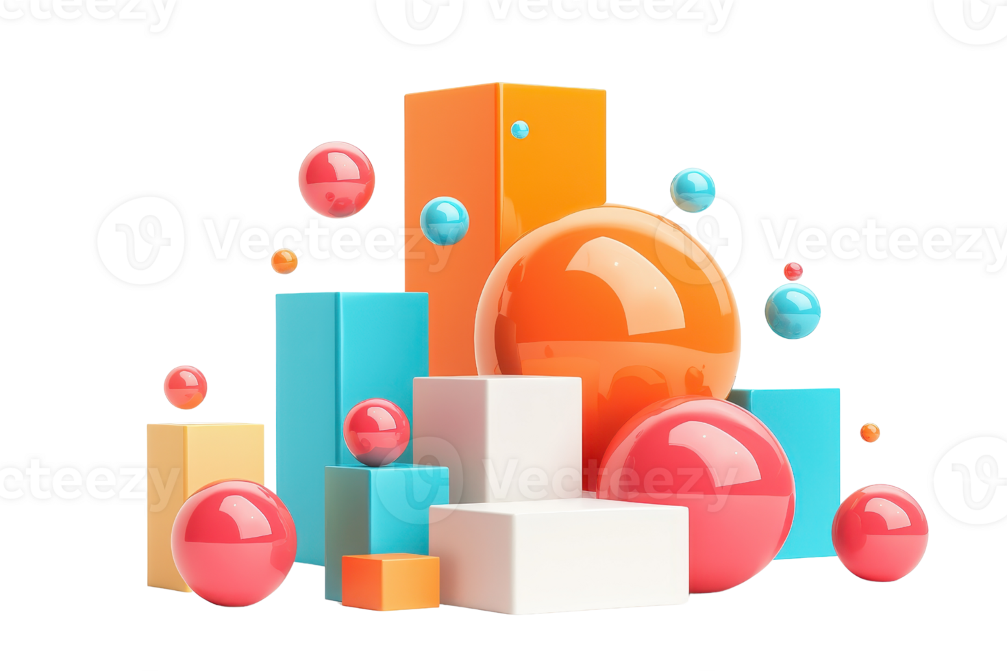 Colorful abstract 3D shapes, including spheres and cubes, arranged in a vibrant display, ideal for modern design elements and backgrounds. png