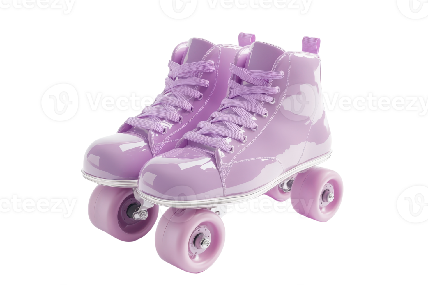 Shiny pink roller skates with four wheels ready for an outdoor activity. Perfect for fun and exercise in style. png