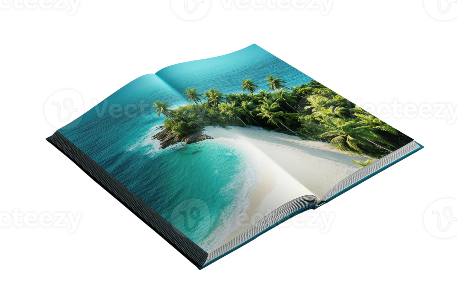 Open book with stunning tropical beach image, featuring clear blue water, white sand, and lush greenery. Perfect for travel and vacation themes. png