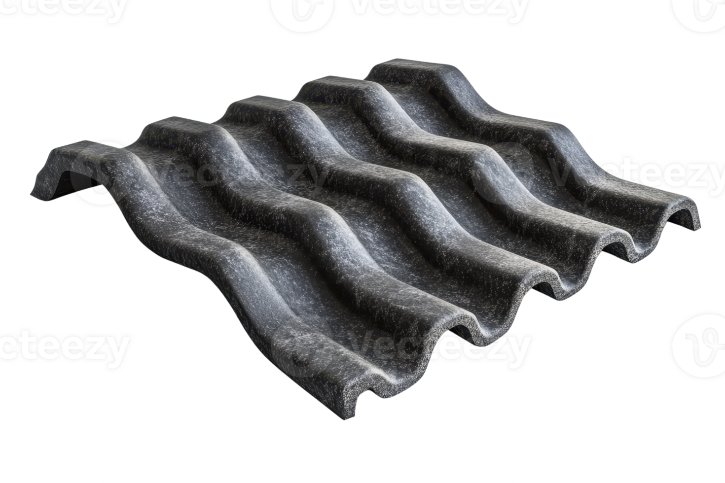 Close-up image of a wavy, corrugated asbestos roofing sheet with a textured surface, isolated on a transparent background. png