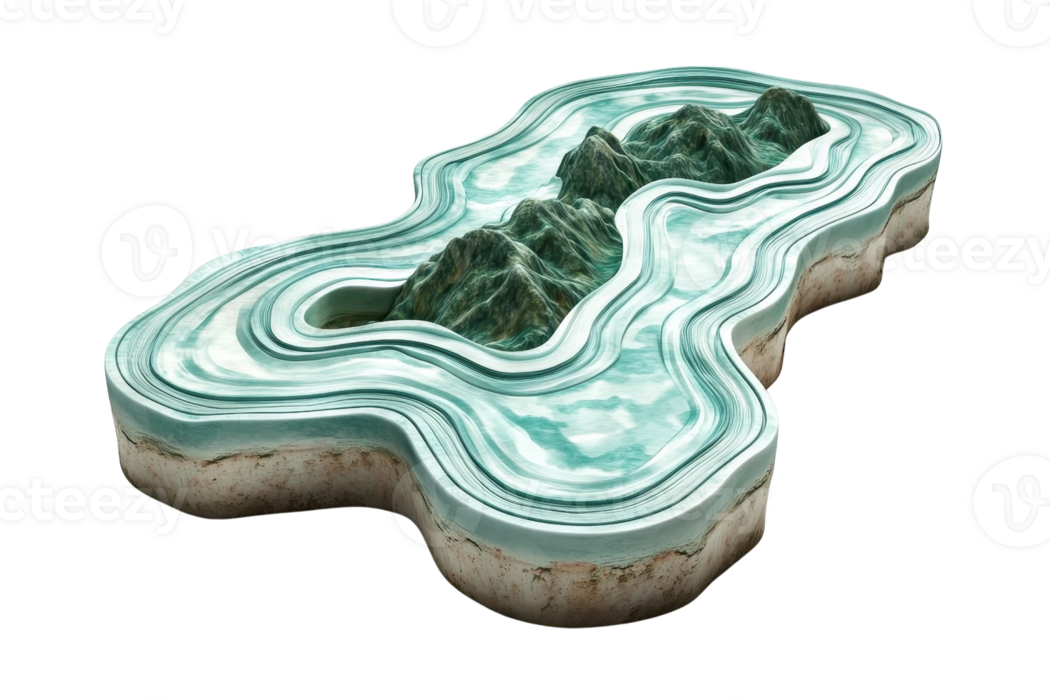3D topographical model of a mountainous terrain with detailed elevation layers and realistic textures on an isolated transparent background. png