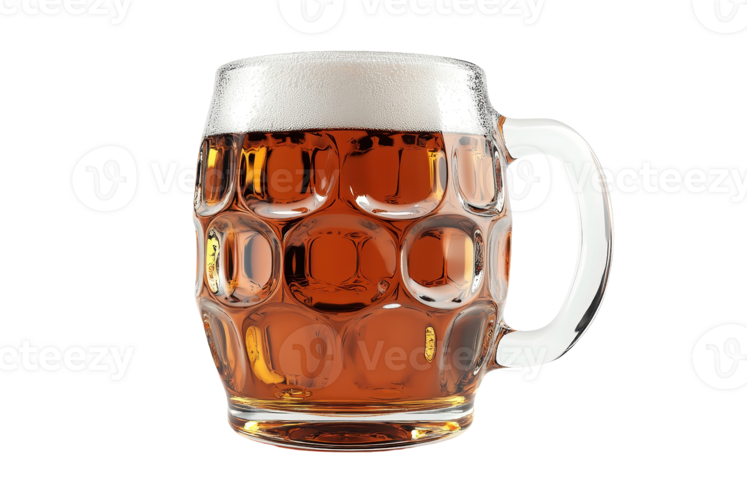 Glass mug of amber beer with frothy head isolated on transparent background. Perfect for breweries, bars, and beer-related promotions. png