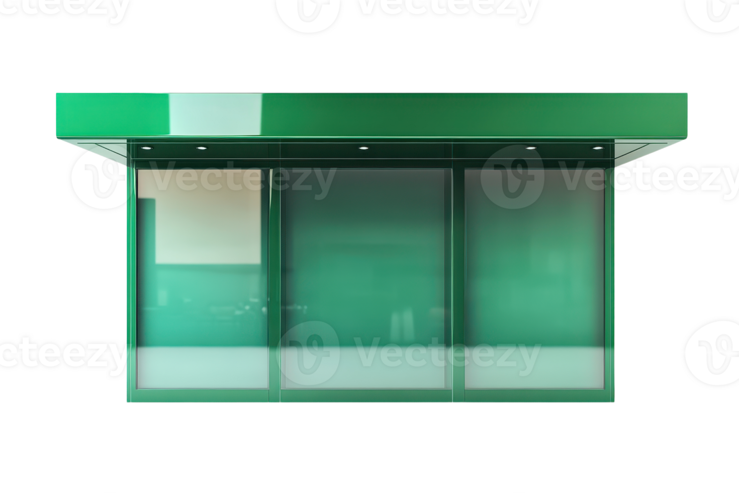 Modern green kiosk with glass panels, suitable for commercial or informational use in an urban environment. Front view, isolated. png
