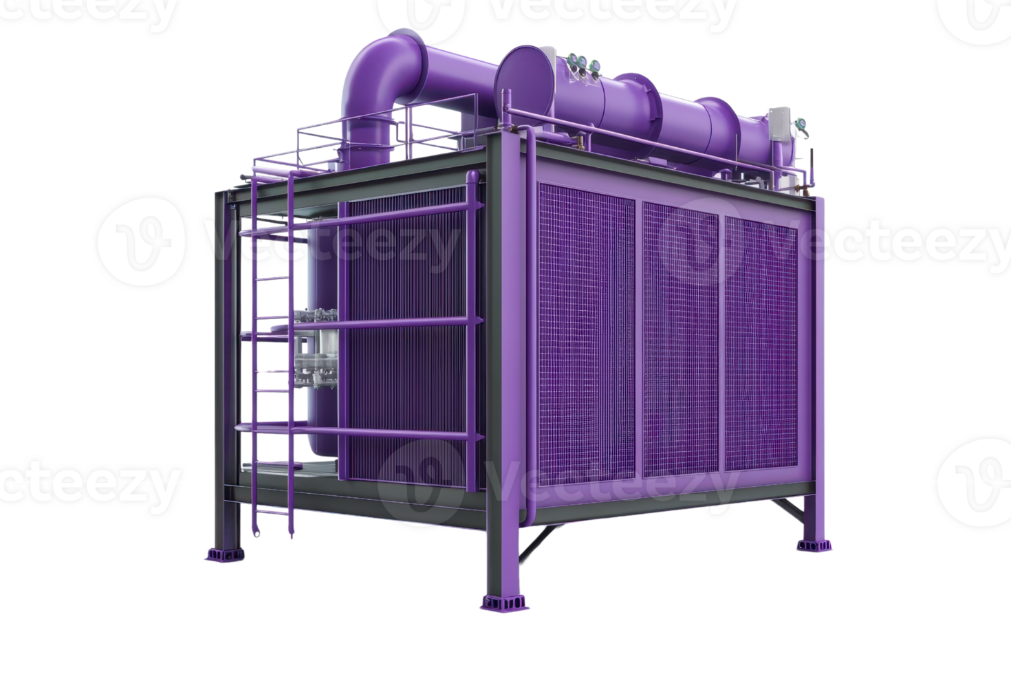 Purple industrial cooling system with pipes and ladders, isolated on transparent background. Advanced machinery for efficient temperature regulation. png