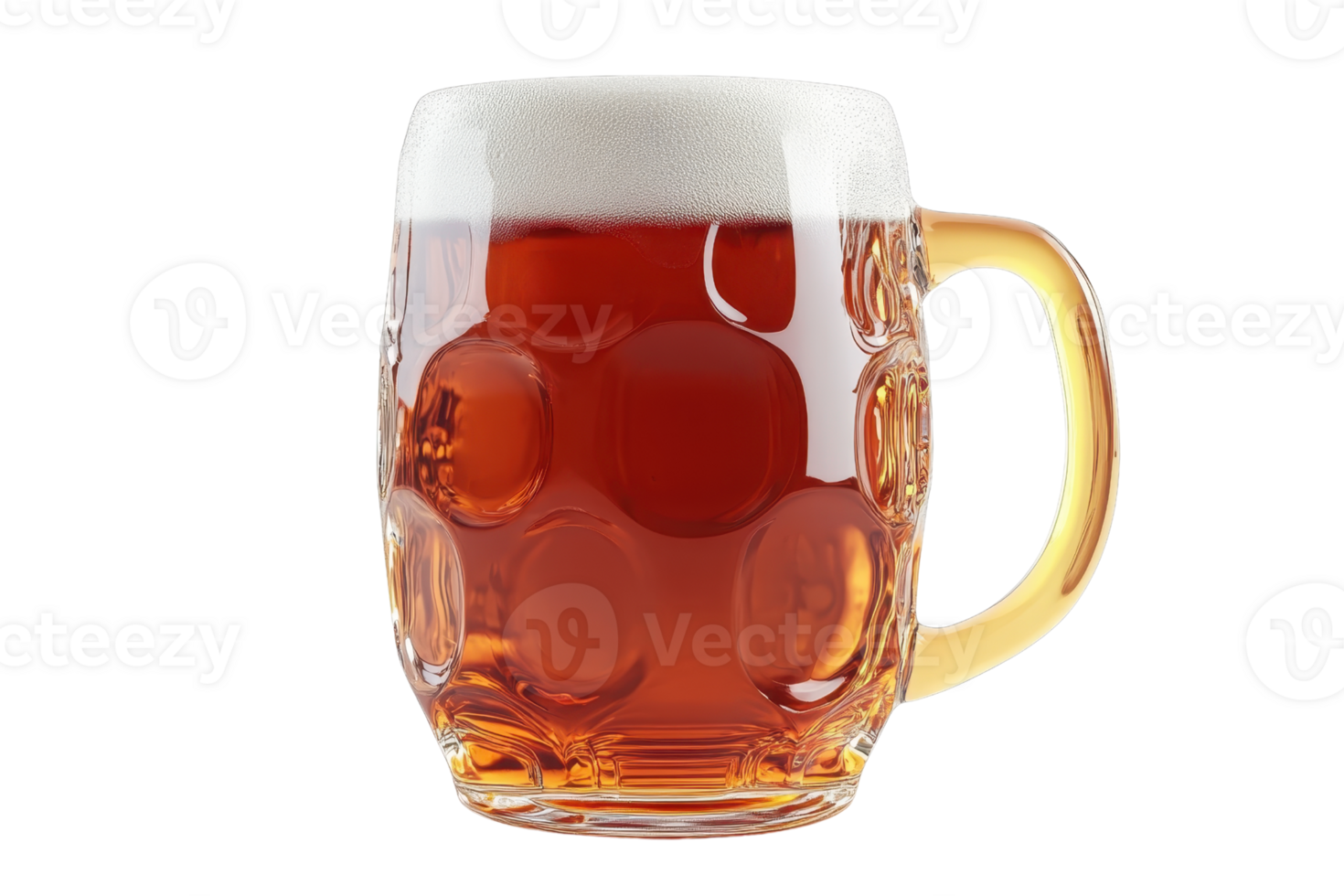 Close-up of a frothy beer in a transparent glass mug with a handle, isolated on transparent background. png