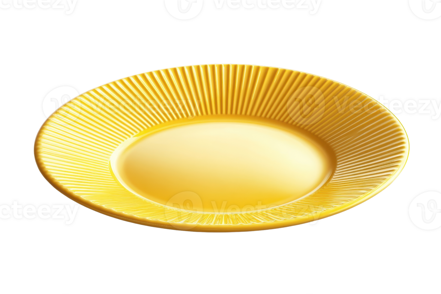 Elegant yellow ceramic plate with a ribbed pattern on the rim, perfect for dining settings and home decor. High-quality, vibrant, and stylish. png