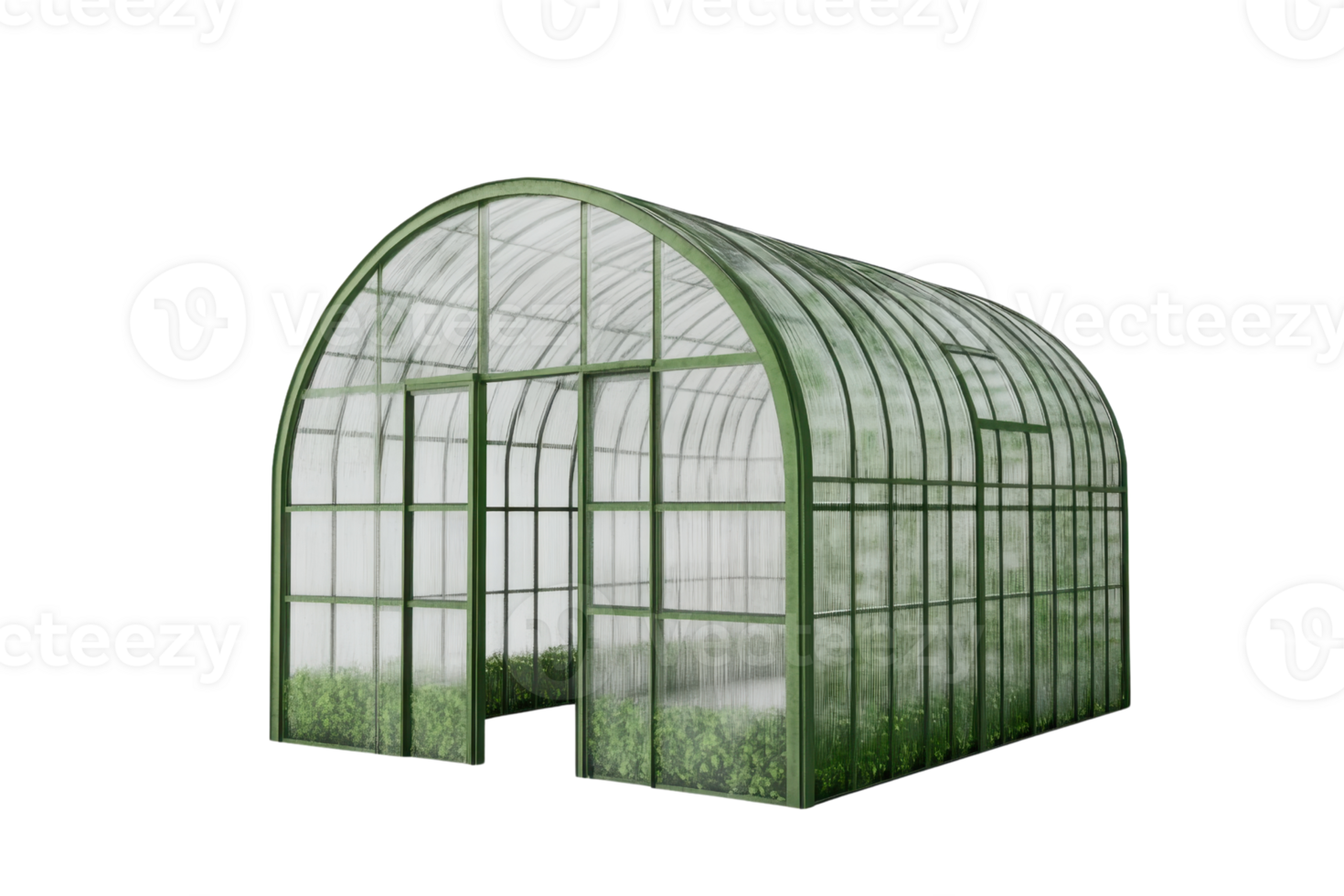 Transparent greenhouse structure with green plants inside, ideal for gardening and agricultural purposes. Isolated on a transparent background. png