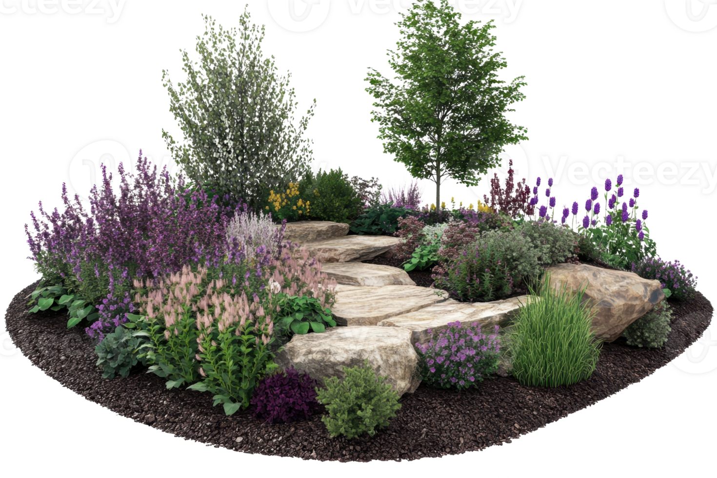 Beautiful garden with vibrant flowers, shrubs, and trees. Featuring a stone path and surrounded by lush greenery. png