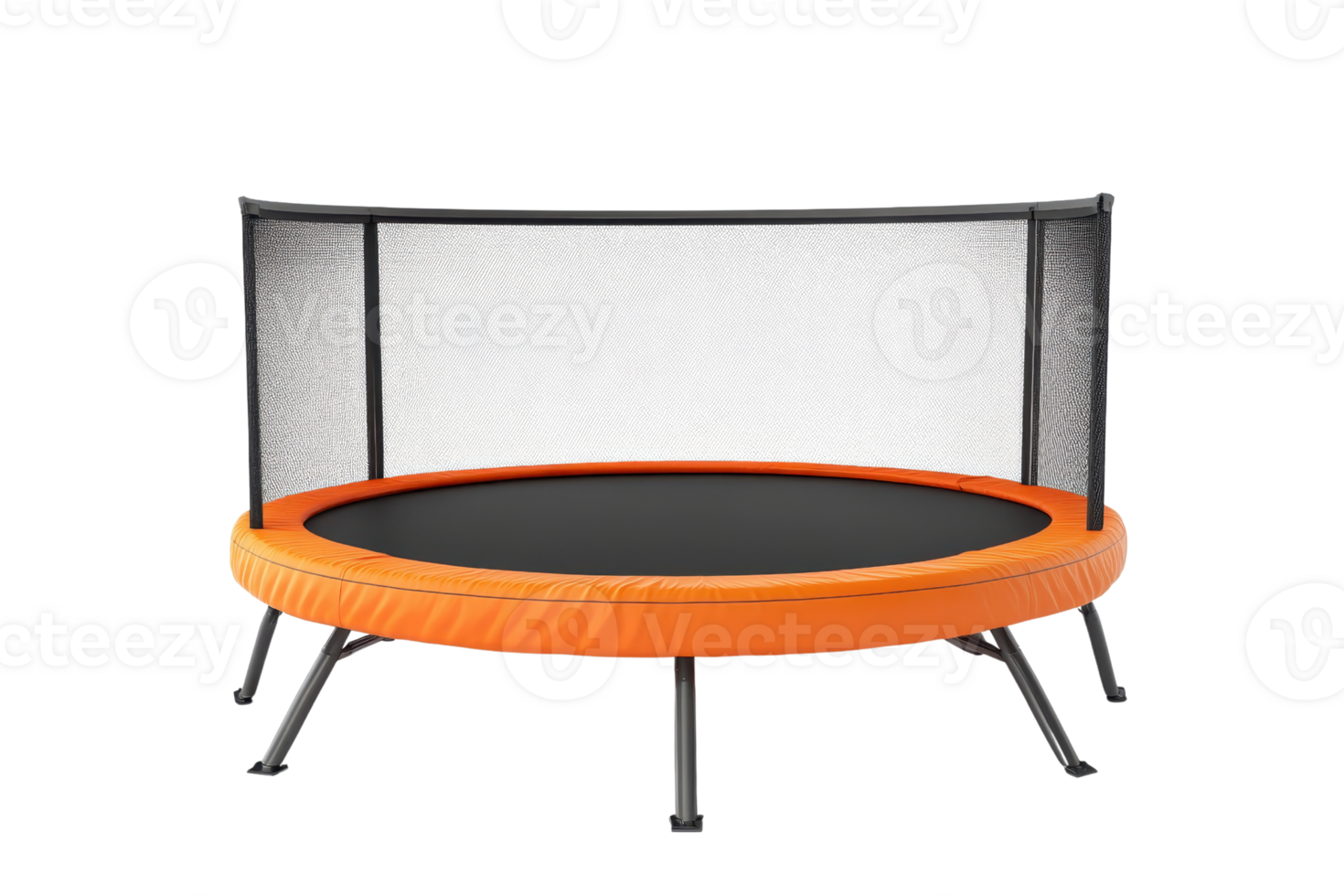 Modern round trampoline with safety net enclosure, orange frame, isolated on transparent background. png