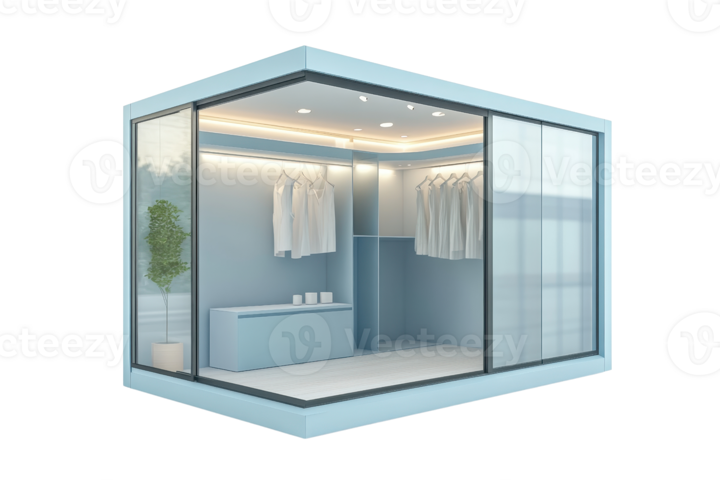Modern minimalist walk-in closet with sleek design, hanging clothes, soft lighting, and glass walls showcasing organized storage. png