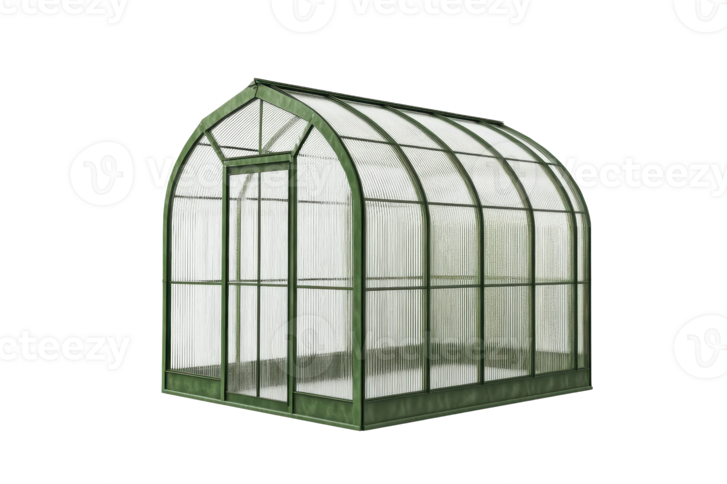 Modern green greenhouse with clear panels, perfect for gardening and plant cultivation, isolated on transparent background. png