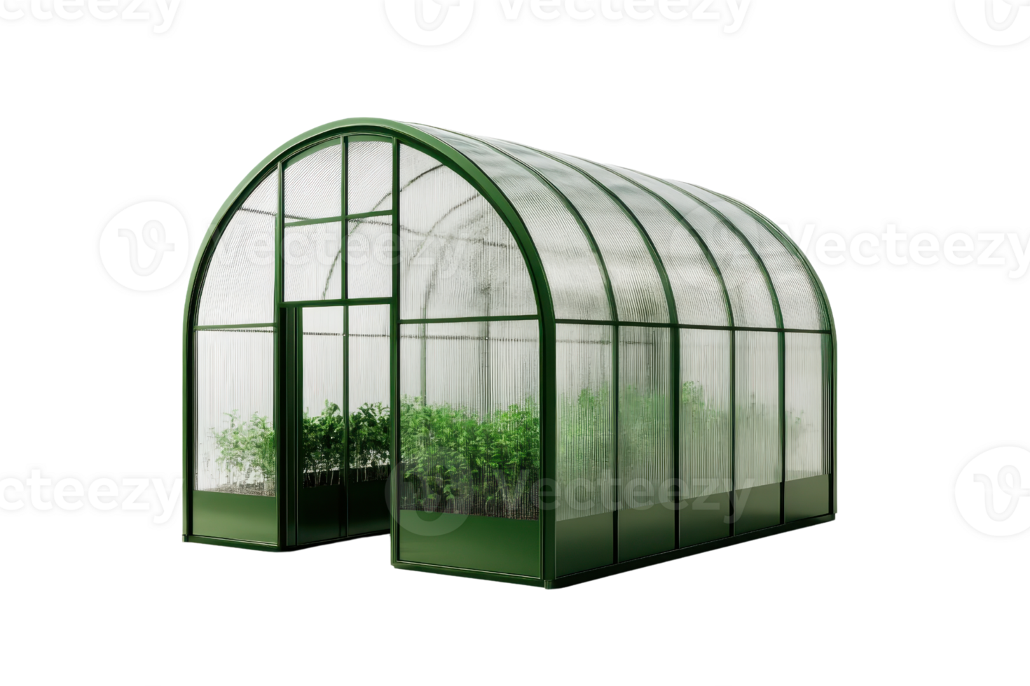 Modern greenhouse with transparent walls and lush green plants inside, perfect for sustainable gardening and plant cultivation. png