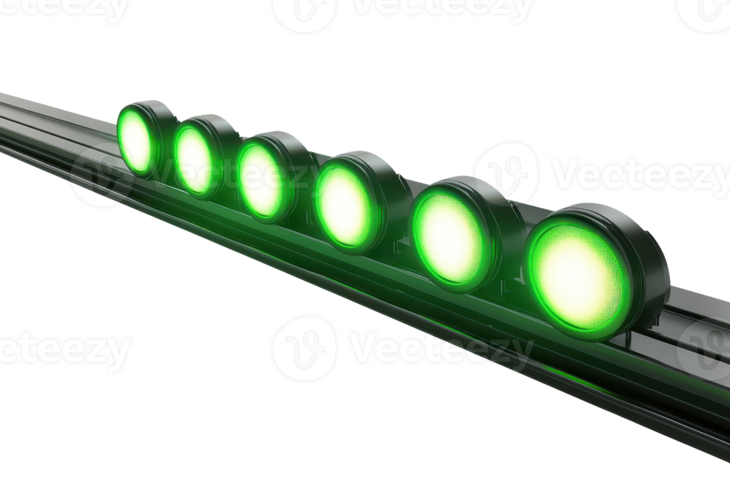 Green LED stage lights in a row, providing bright and focused illumination for events, parties, concerts, and performances. png