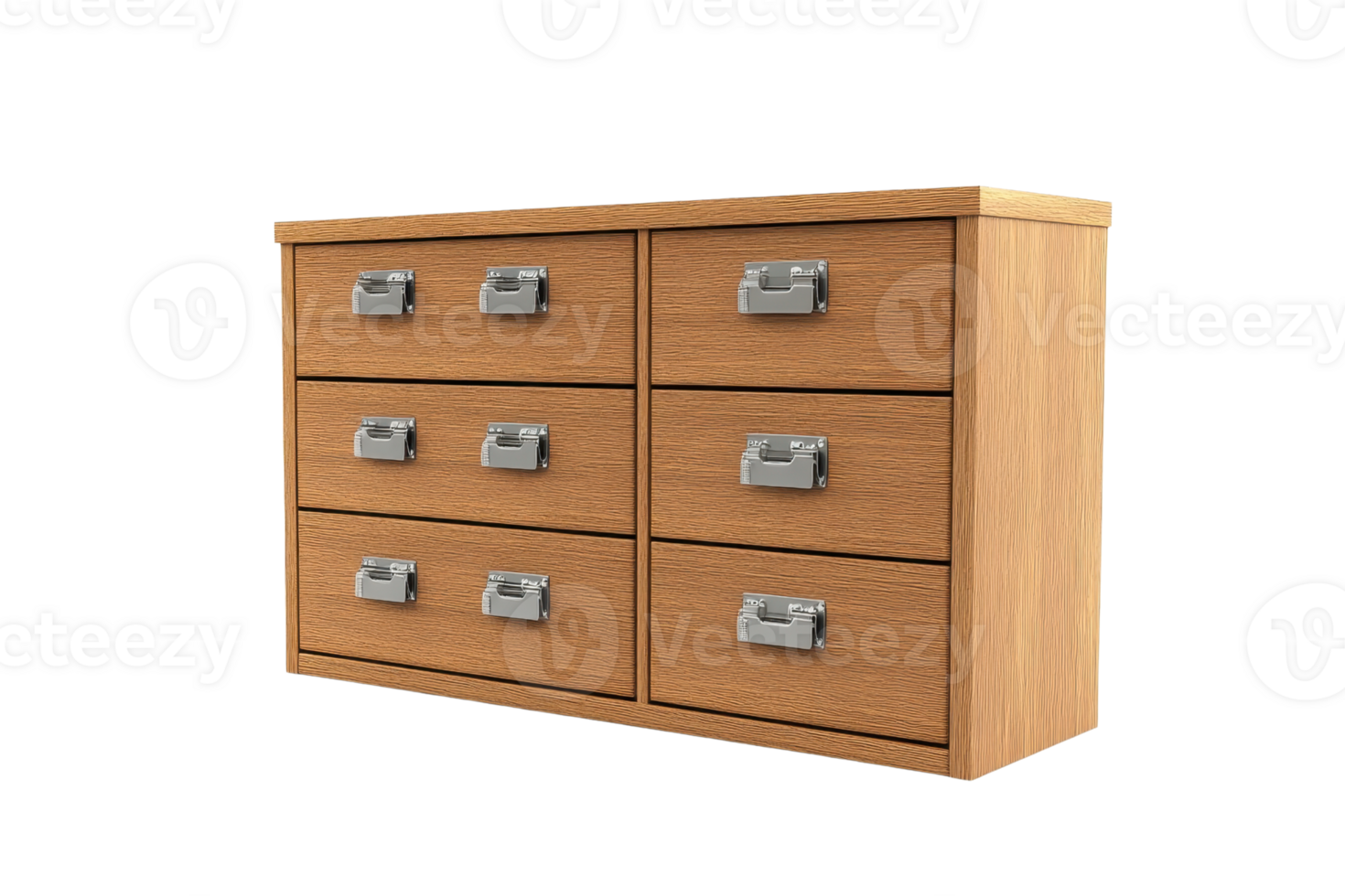 Modern wooden filing cabinet with six drawers and metal handles, perfect for office organization and storage solutions. png