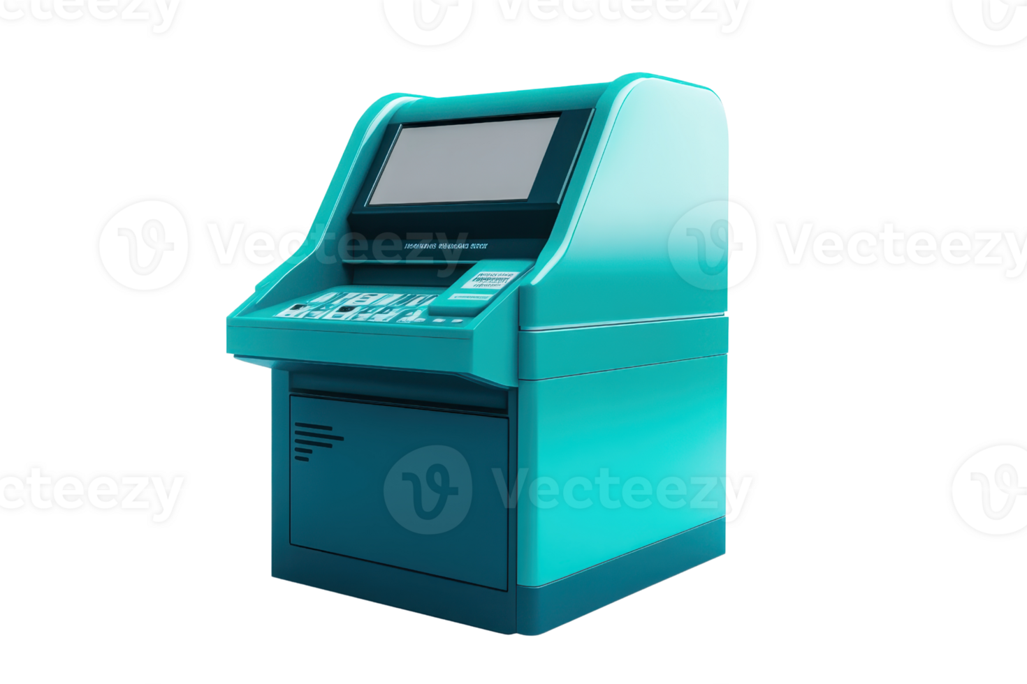 Isolated image of a modern, teal-colored ATM cash machine against a transparent background. featuring a touchscreen and keypad. png