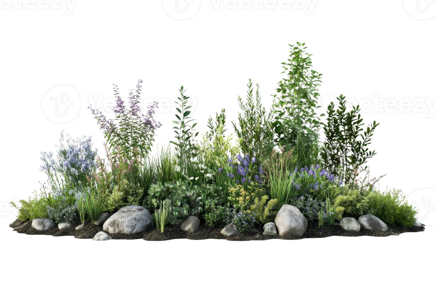 Lush garden with variety of greenery and flowers surrounded by rocks, showcasing nature's beauty. png
