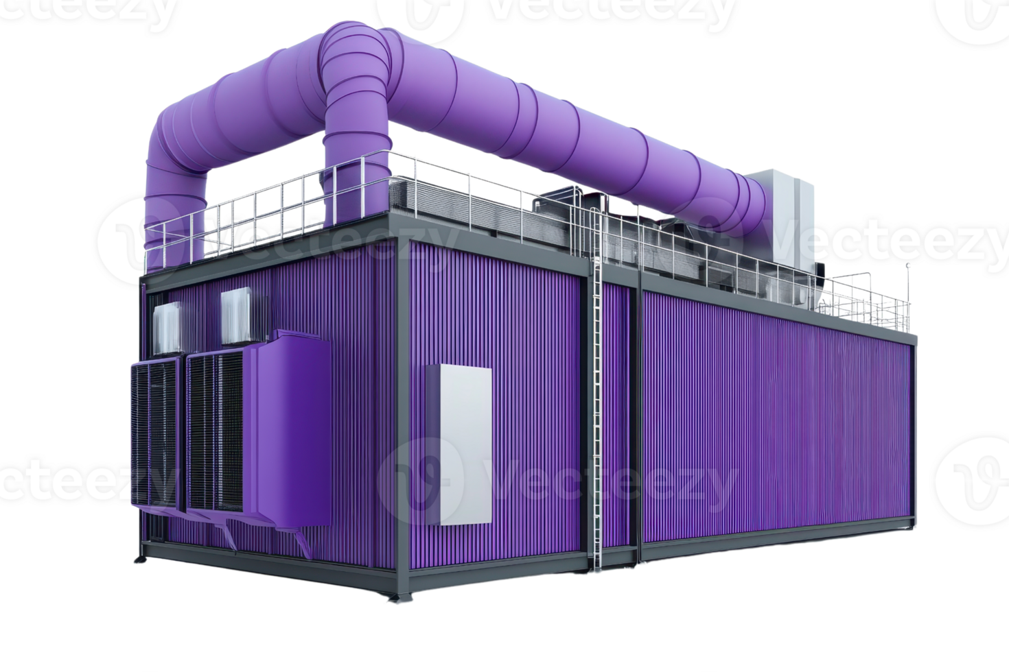 Industrial purple portable container building with large ventilation ducts isolated on transparent background. png