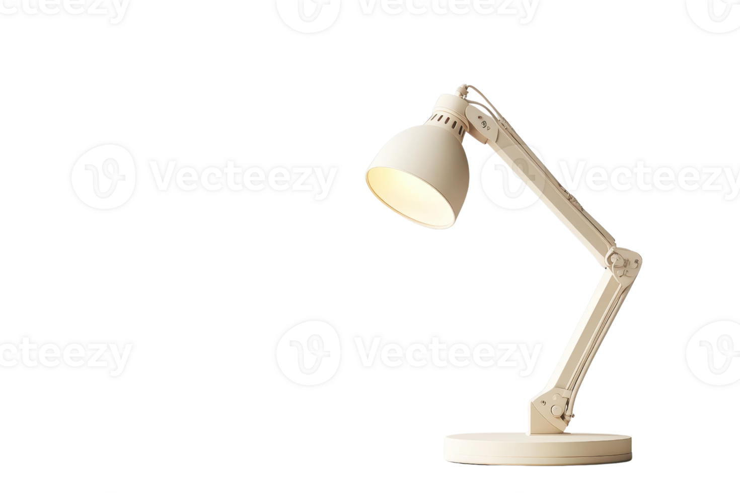 Minimalistic white desk lamp illuminated in a transparent background. perfect for modern interior decor or office settings. png