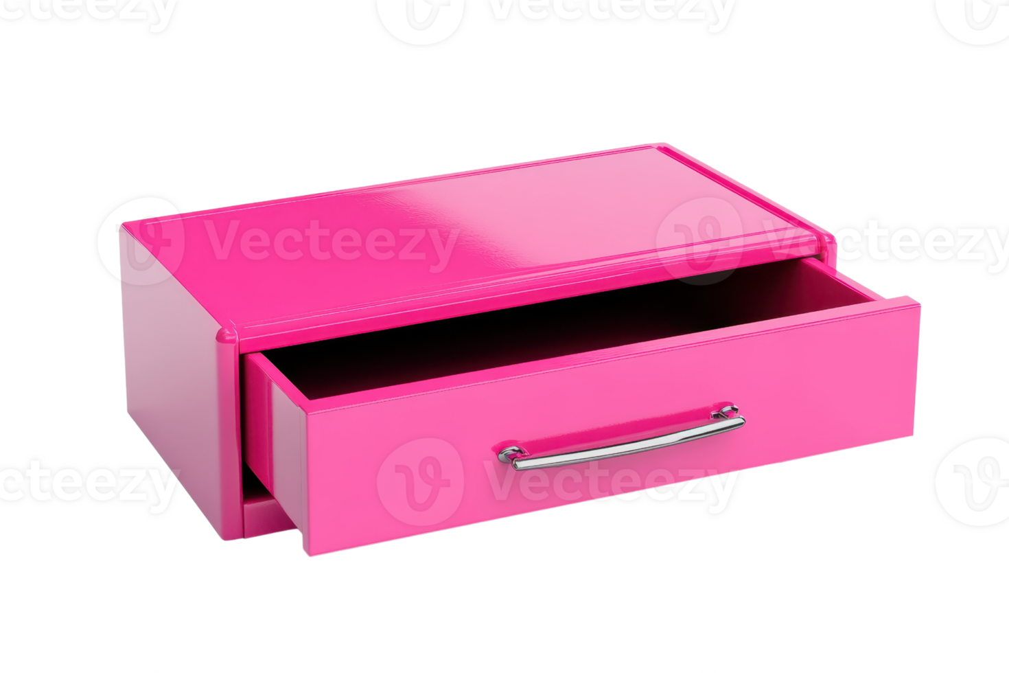 Bright pink single drawer box with silver handle, partially open, isolated on transparent background. Perfect for office or home storage solutions. png