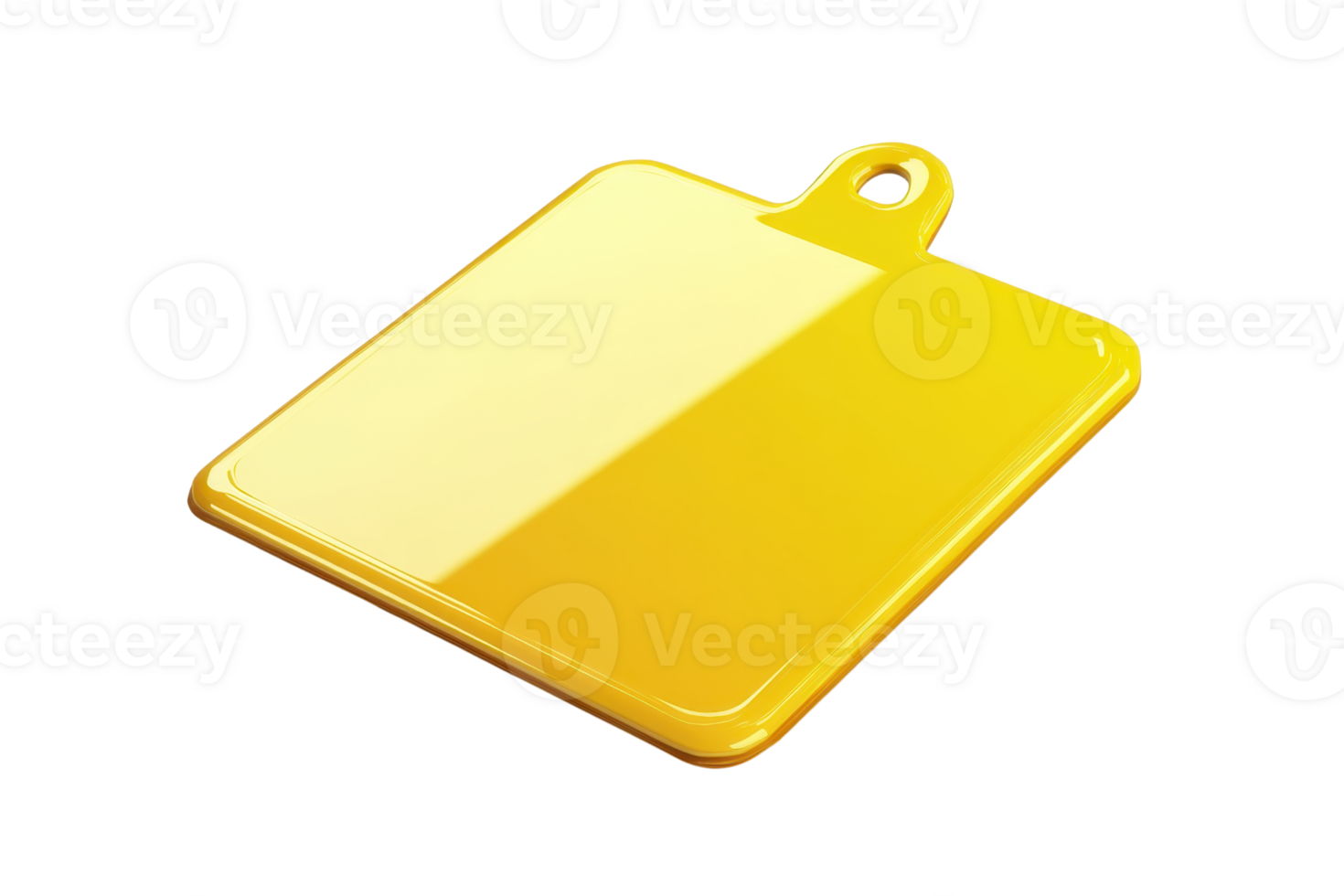 Bright yellow plastic cutting board with a handle isolated on a transparent background. Ideal for kitchens and cooking preparations. png