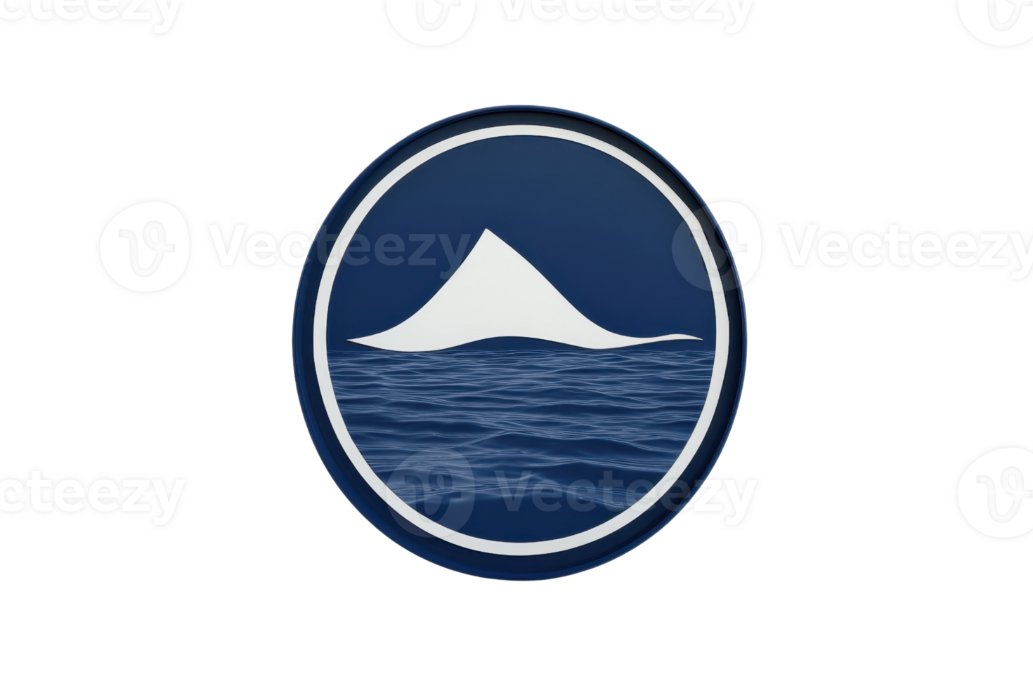 Circular logo featuring a white mountain peak against a blue background with waves. Perfect for branding and design projects. png