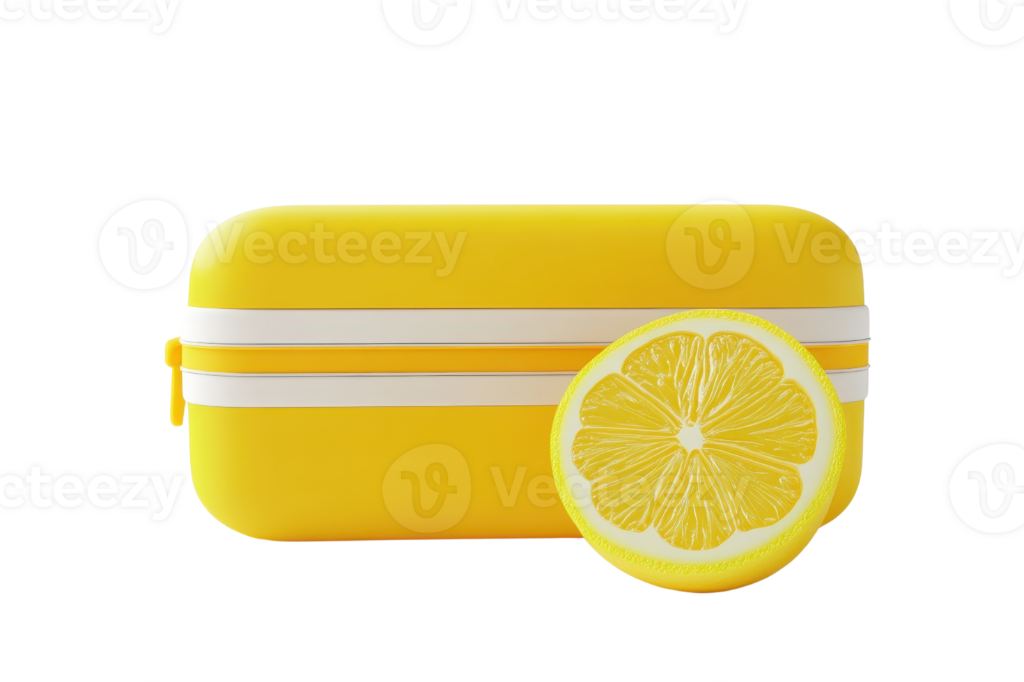 Bright yellow lunchbox with a lemon slice, isolated on transparent background. Vibrant and fresh design perfect for healthy meal storage. png