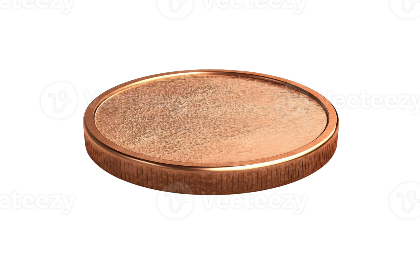 Close-up image of a blank copper coin, showcasing its smooth texture and metallic sheen against a transparent background. png