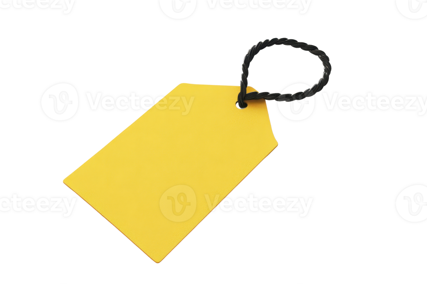 Close-up of a blank yellow luggage tag with a black loop, isolated on a transparent background. perfect for travel or organizational themes. png