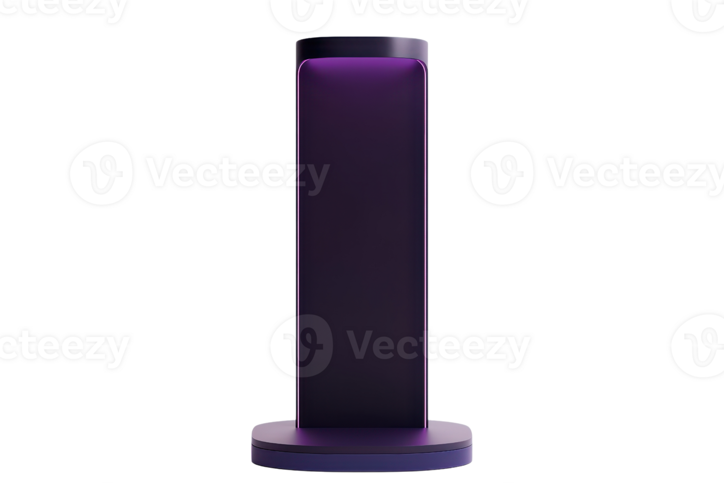 Sleek modern tall black cylindrical speaker design with purple underglow, isolated on transparent background. for stock photos. png