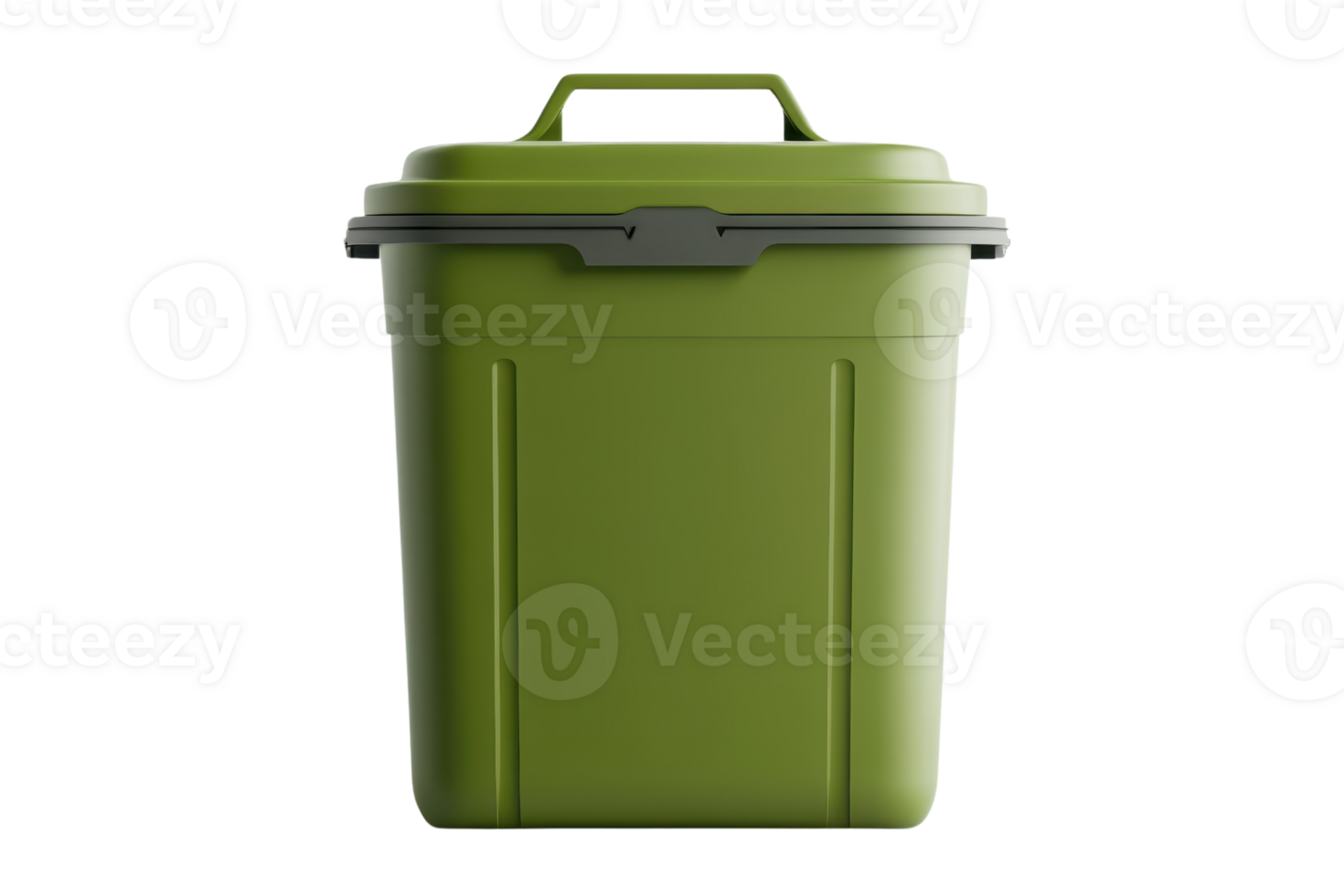Green plastic waste bin with lid, isolated on transparent background. High-quality image suitable for waste management and recycling concepts. png
