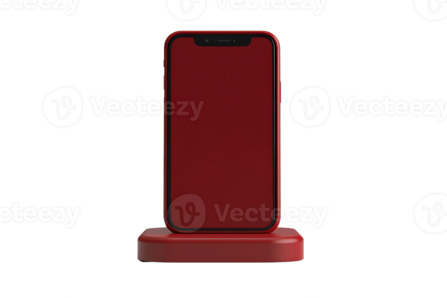 Red smartphone on a matching stand isolated on transparent background. Modern mobile device display screen front view. png