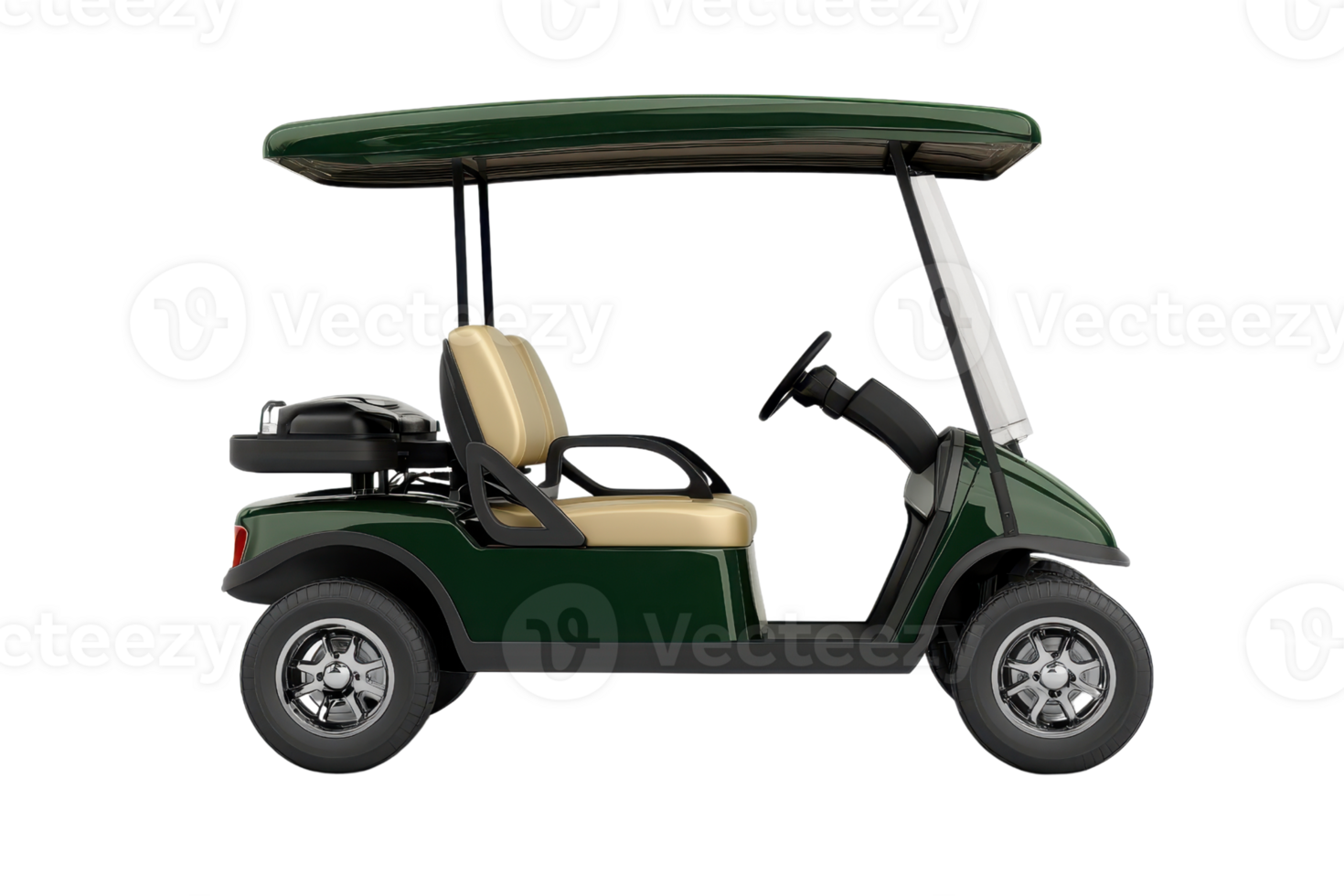 Side view of a green golf cart with beige seats isolated on a transparent background. png
