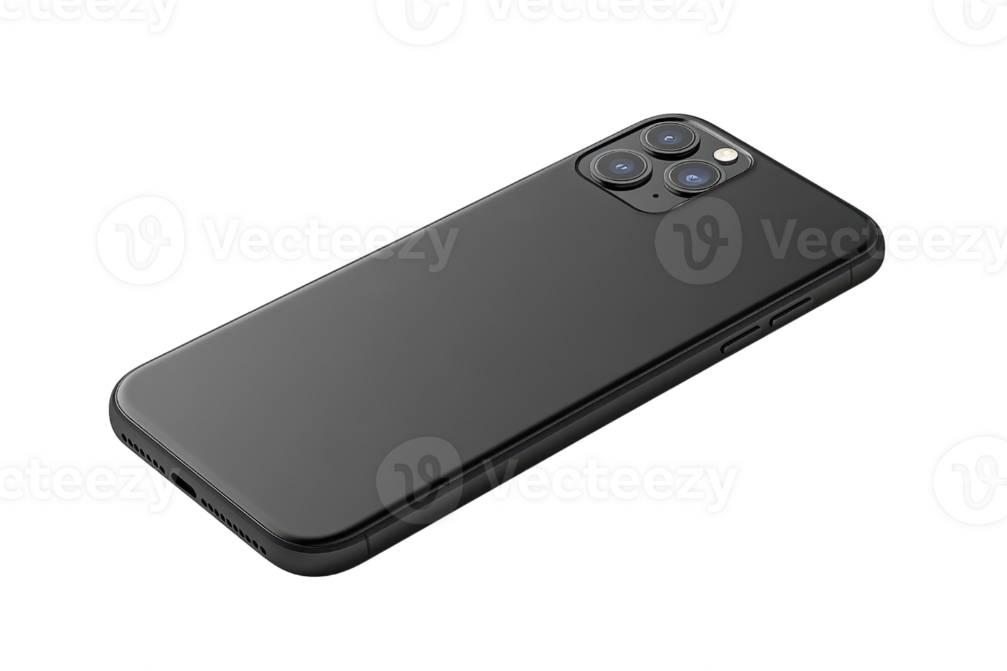 Sleek black smartphone laying on a flat surface, showcasing the modern design and multiple camera lenses, isolated in a transparent background. png