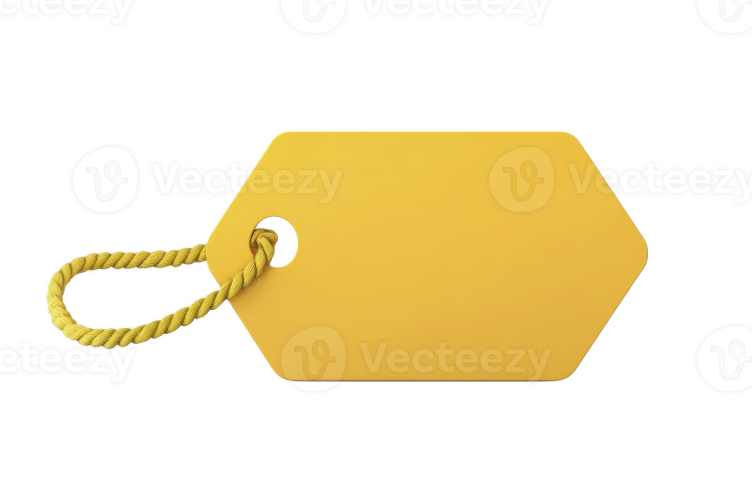Yellow hexagonal blank price tag with a twisted rope string, isolated on a transparent background. Perfect for labeling, discount tags, and promotions. png