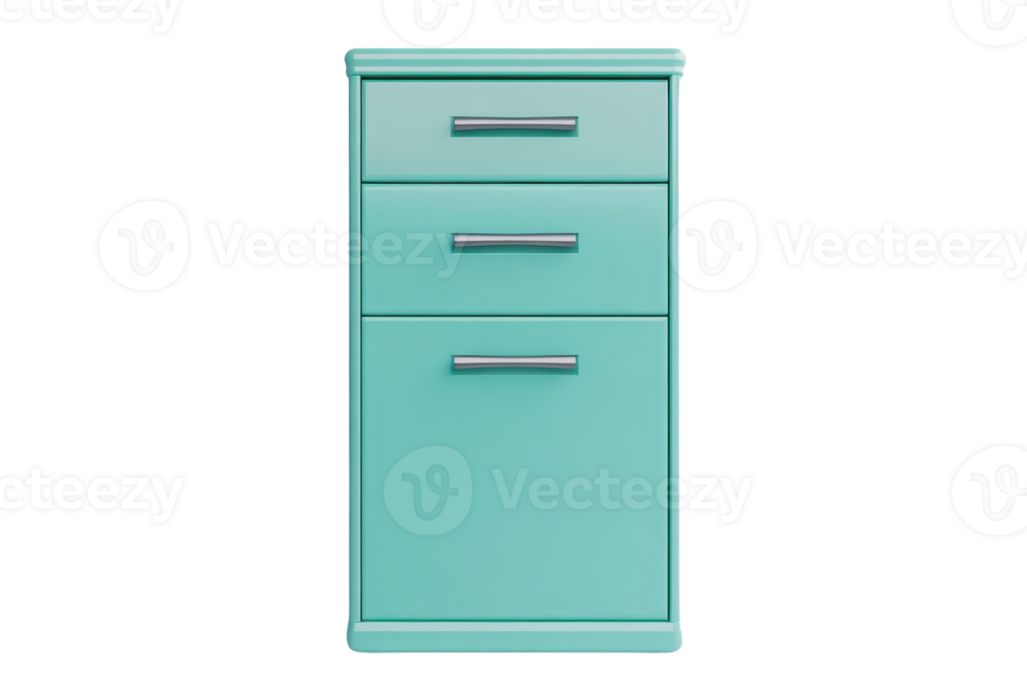 Turquoise cabinet with three drawers, perfect for modern interiors and office organization. Sleek design adds a pop of color and functionality. png