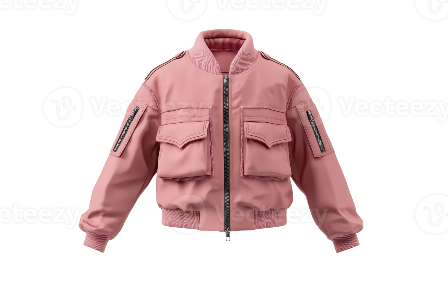 Stylish pink bomber jacket with multiple pockets and zipper closure, isolated on transparent background. showcasing trendy outerwear fashion. png