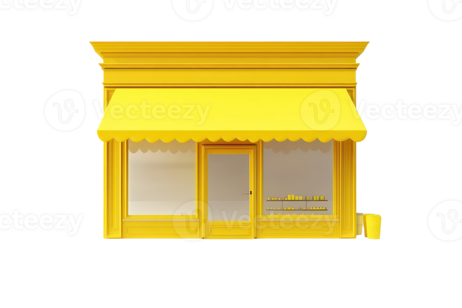 Yellow storefront with awning, front view of a small, bright shop or cafe. Isolated on transparent background. png