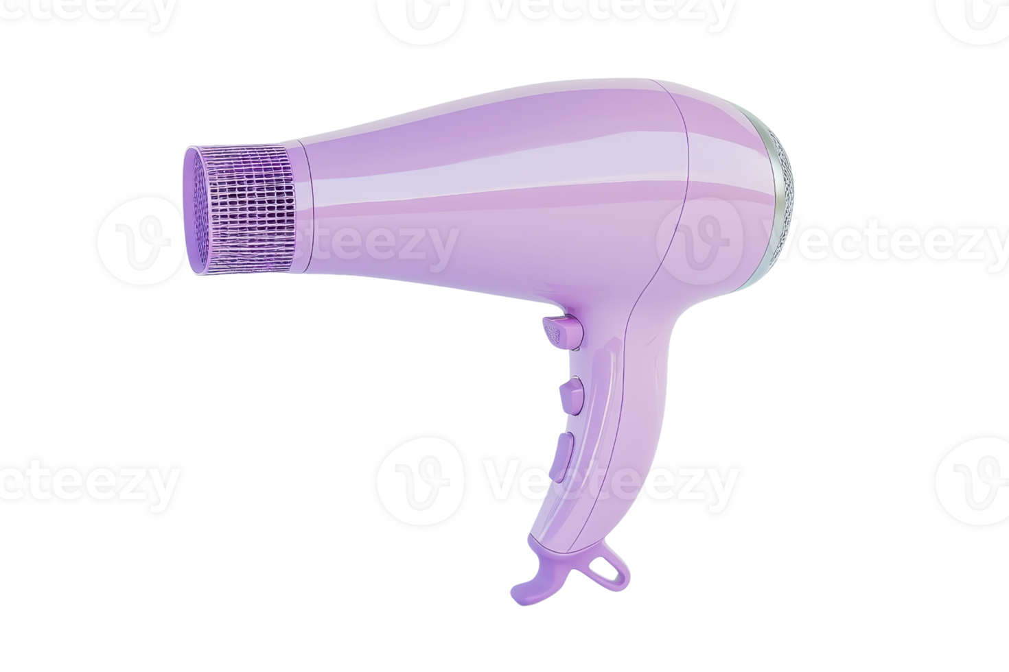 A modern, purple hair dryer isolated on a transparent background. showcasing its sleek design and controls for hair styling purposes. png