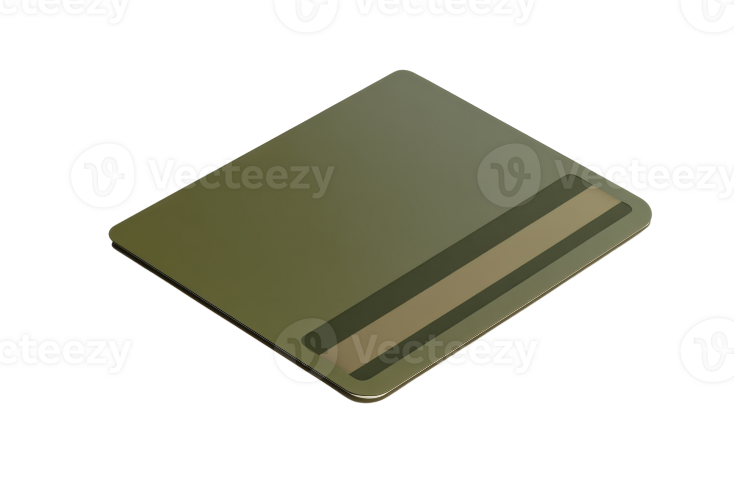 Isometric view of a modern green credit card isolated on a transparent background. highlighting the magnetic stripe and sleek design. png