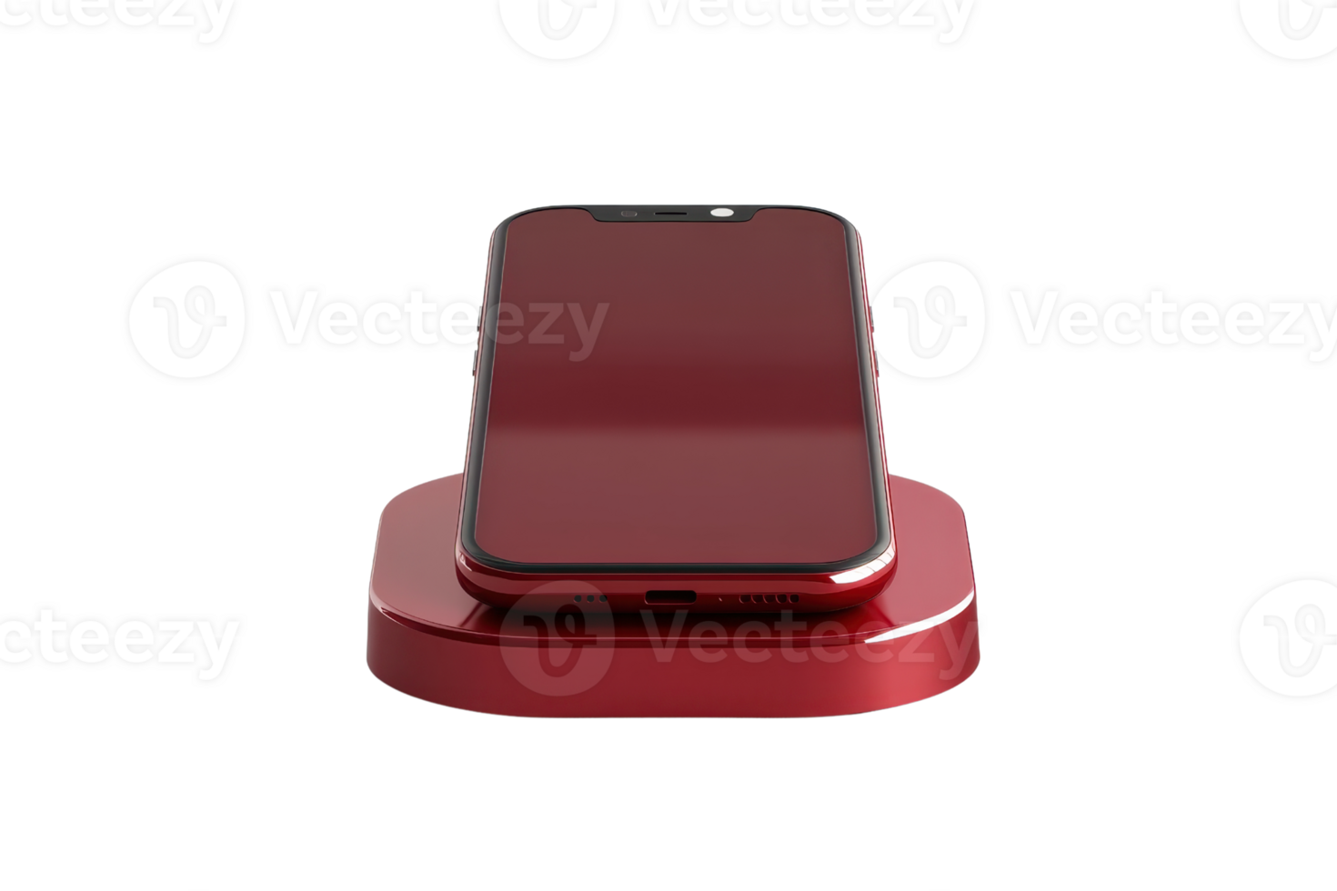 Red smartphone on a sleek wireless charging pad. Modern technology and convenience for ultimate user experience. png