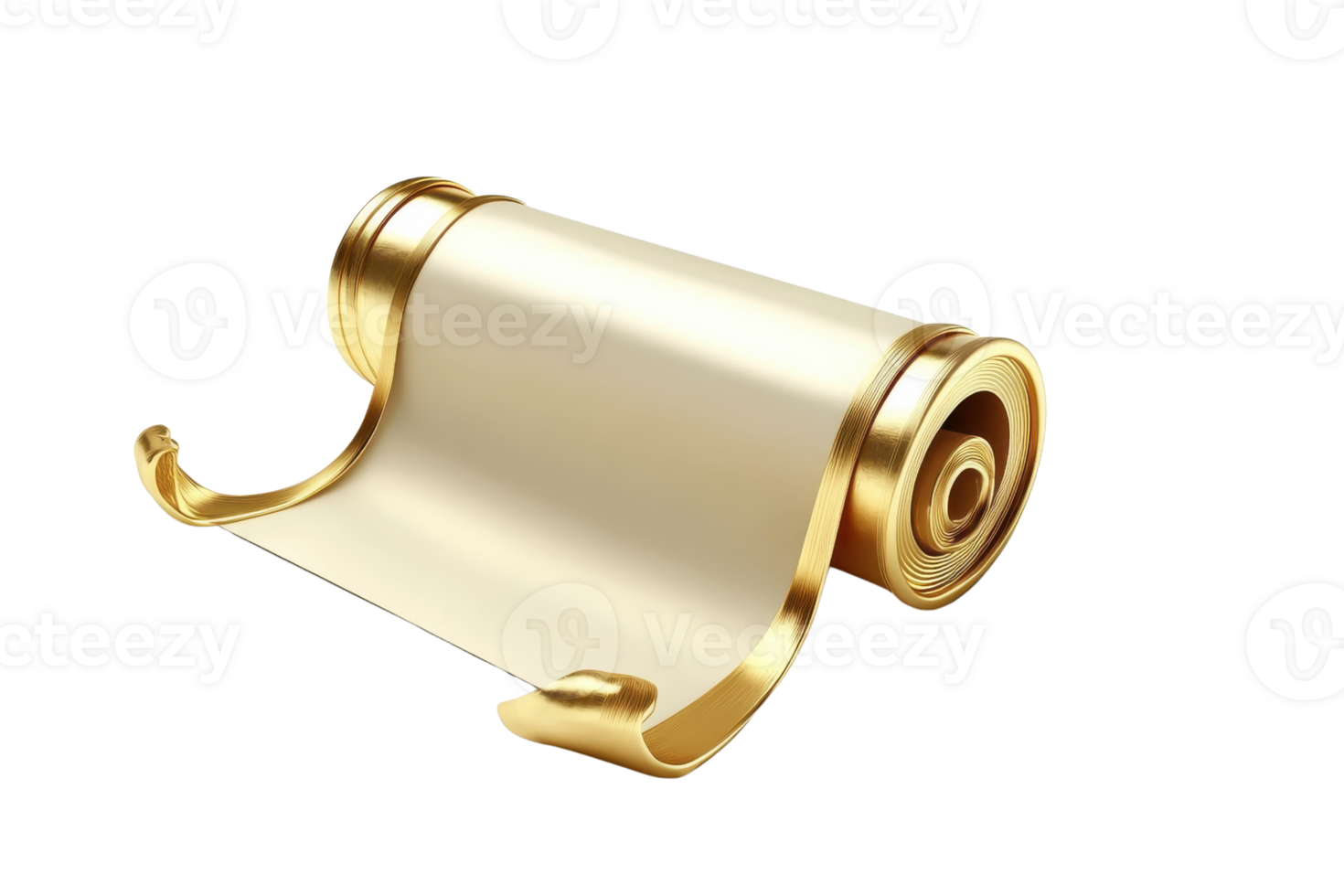 Golden decorative scroll isolated on transparent background. Elegant and luxurious rolled parchment with golden accents. png