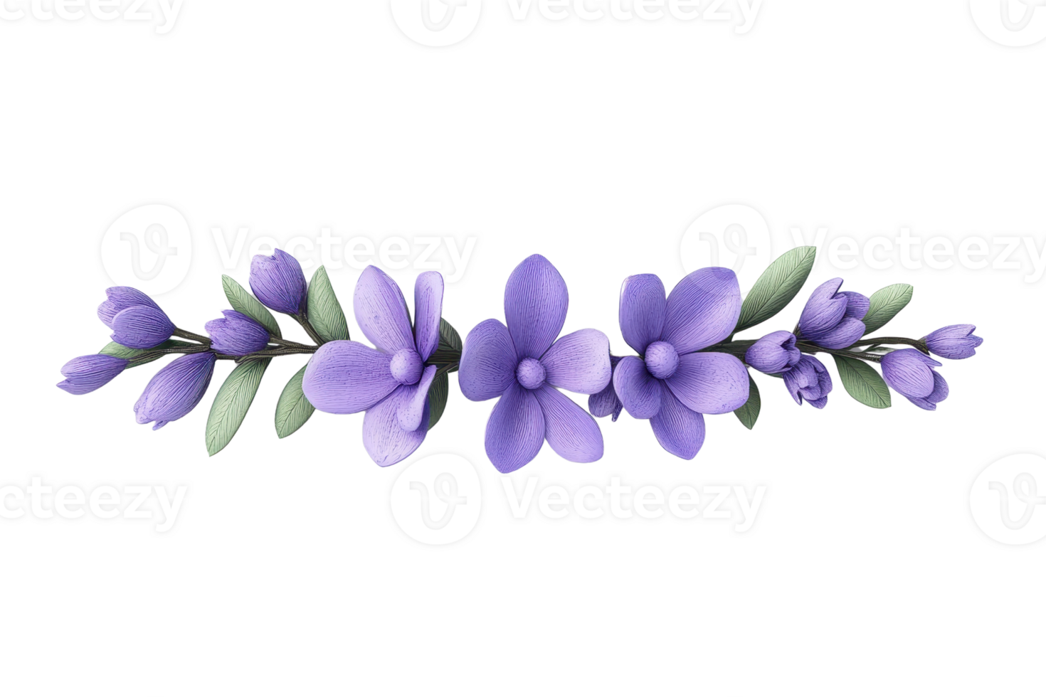 Elegant floral arrangement of purple flowers with green leaves, perfect for invitations, decor, and design projects. png