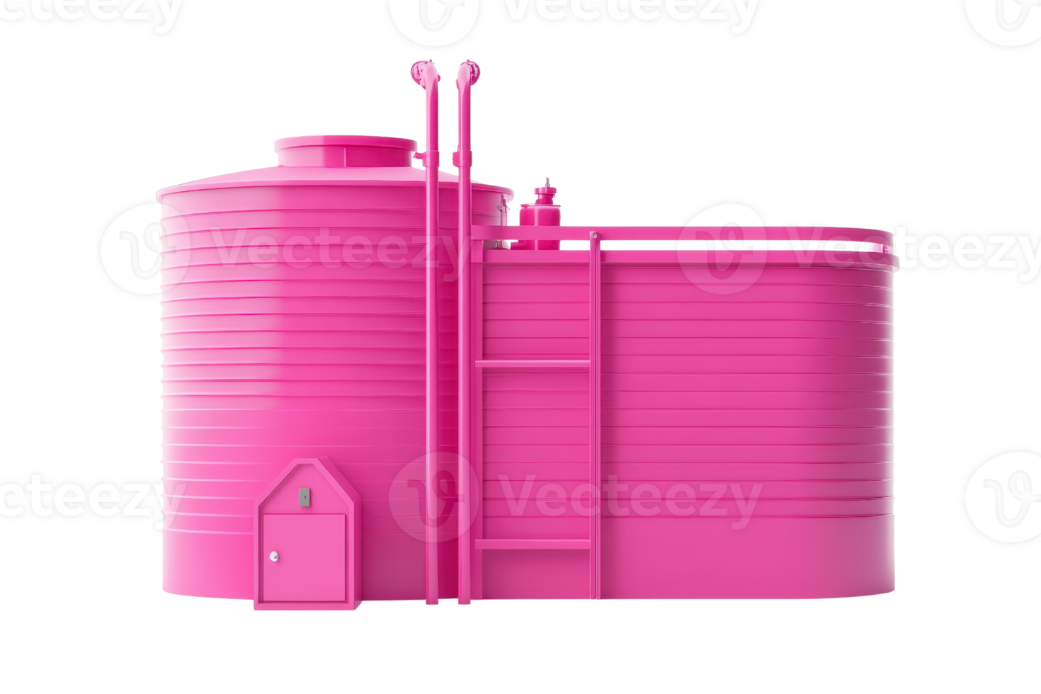 Bright pink industrial water storage tank with ladders and pipes isolated on transparent background. Modern utility structure for large-scale use. png