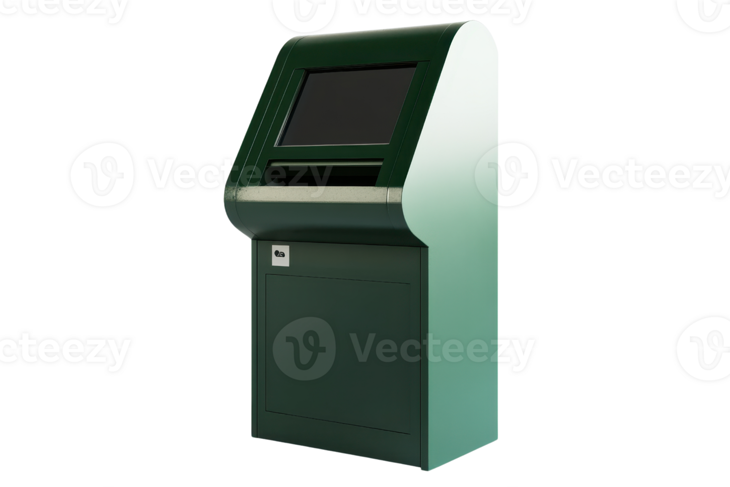 Green self-service kiosk isolated on a transparent background. Touchscreen terminal for information, payments, or check-in. png