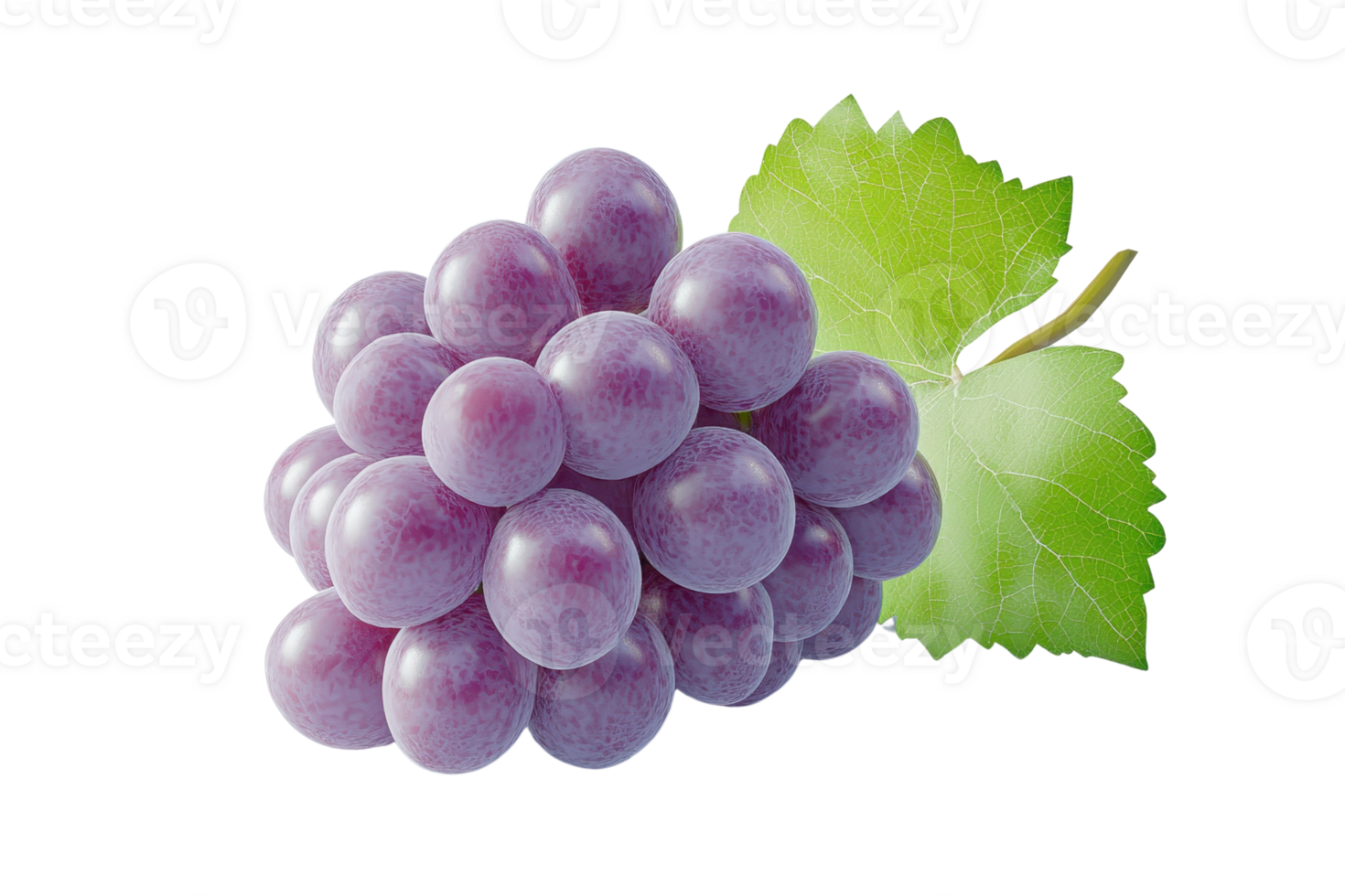 Cluster of fresh ripe purple grapes with green leaf on transparent background. Perfect for culinary, health, and farming themes. png