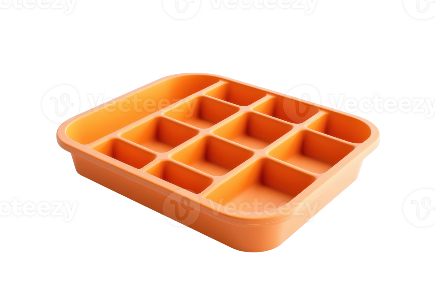 Bright orange silicone baking mold with twelve even compartments for baking, freezing, and crafting. Perfect for creating custom treats or crafts. png